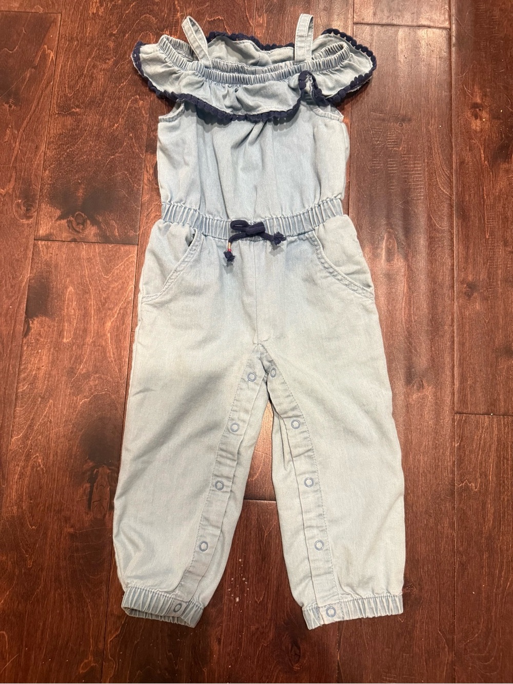 Girls' Light Blue Denim-Style Off-Shoulder Jumpsuit with Navy Trim